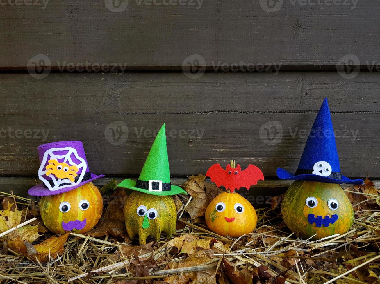Family of four funny Halloween pumpkins with goggle eyes in colored felt hats with spider on web, bat, skull. Old dark wooden wall background with copy space. Withered foliage and straw underneath. photo