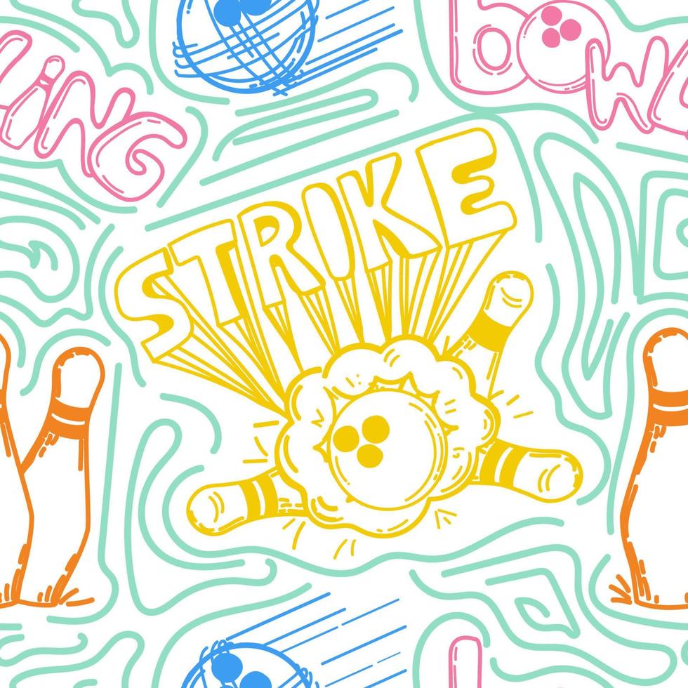 A seamless pattern of spotted, hand-drawn doodle-style elements. Bowling ball, pins. Handwritten strike lettering. Ball smashes pins. Flying ball at target. Pins. Sport. Game. Hit, win vector