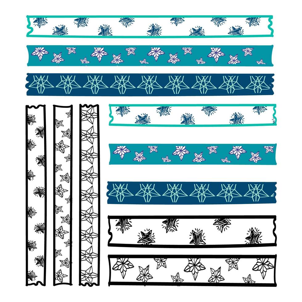 Large set of scotch tape strips with different hand-drawn doodle patterns. Stars on white background with different patterns. Scotch tape stickers. Vector illustration.