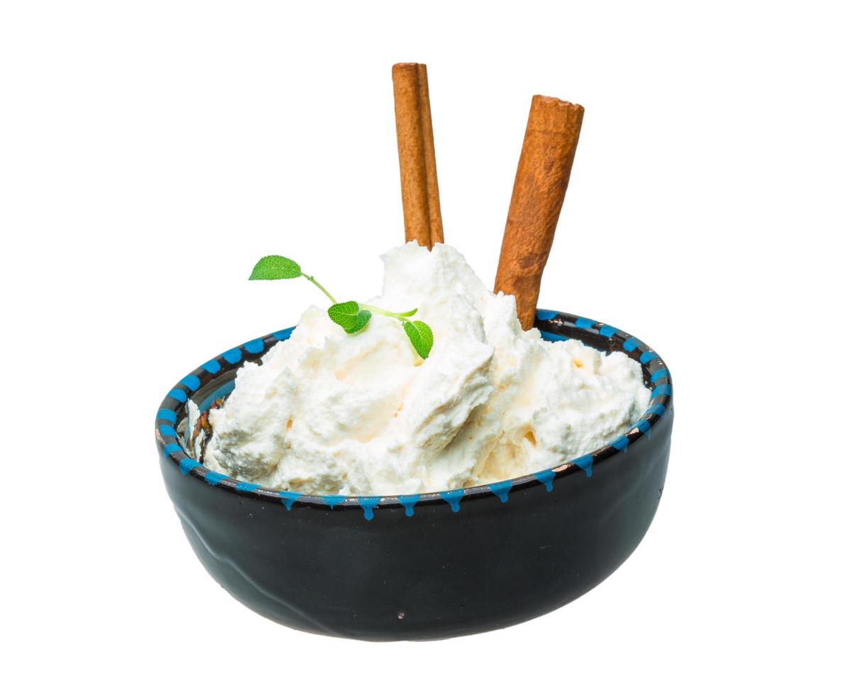 Cottage cheese in a bowl on white background photo