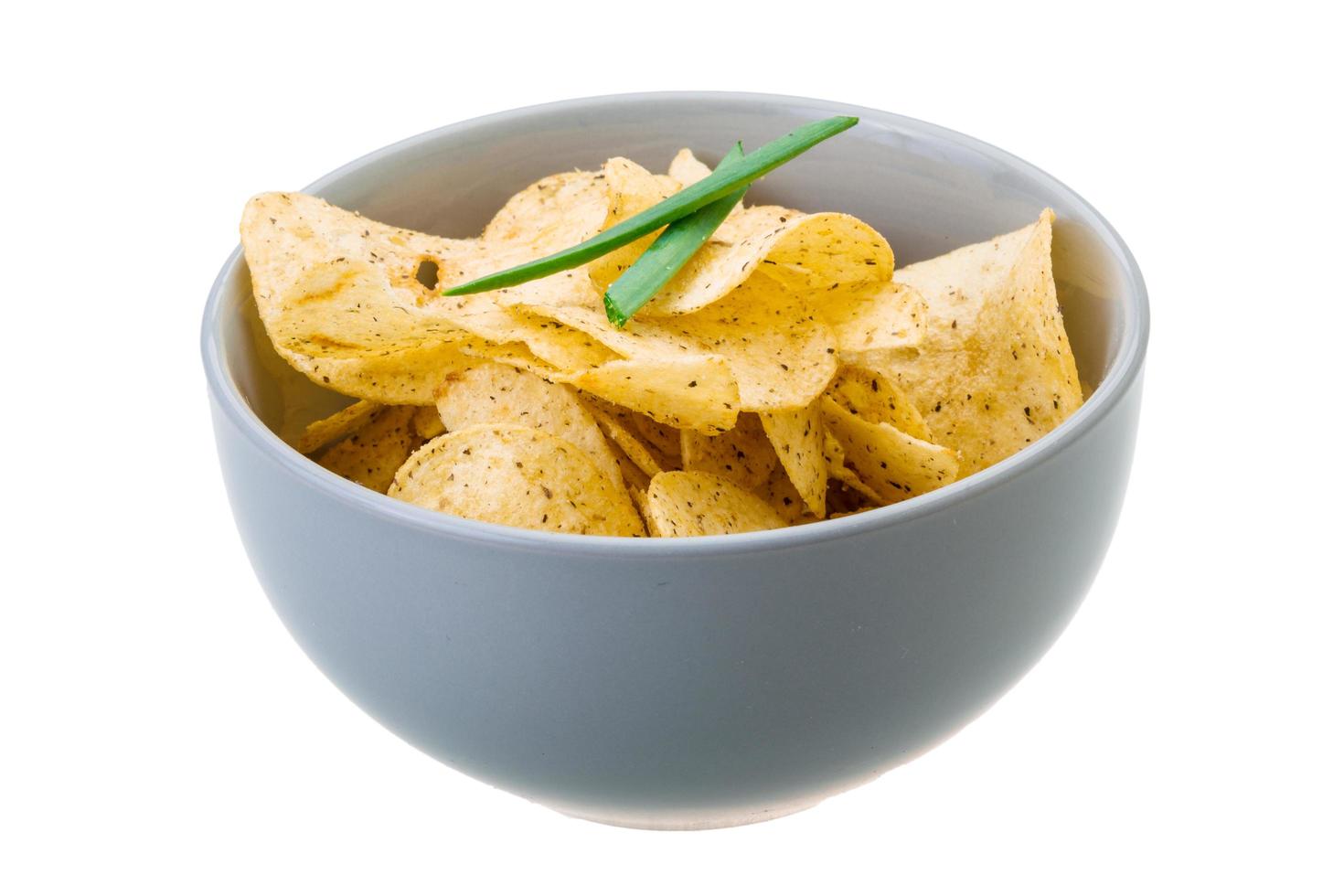 Potato chips in a bowl on white background photo