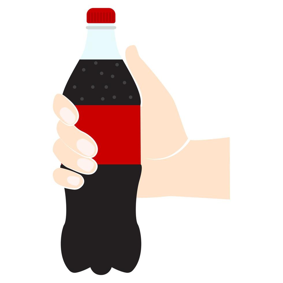 botella de icono de soda silueta negra sostenga en la mano. cola en pictograma de alquitrán de plástico. símbolo de bebida de comida rápida. bebida carbonatada. Refrescante cola o refresco. diseño plano vectorial. aislado sobre fondo blanco. vector