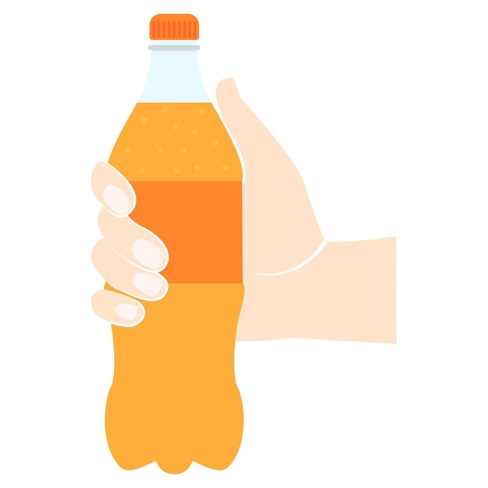 Bottle orange holding in hand. Refreshing drink. Vector illustration flat design. Isolated on white background. Plastic tarre. Template of orange or apricot juice. Orange fizzy