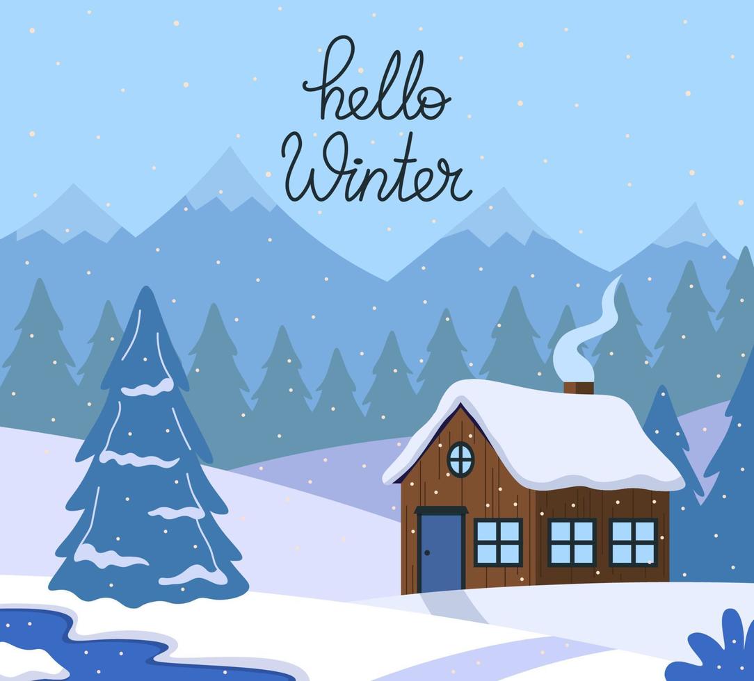 postal hola invierno con cabaña y paisaje para saludar ilustración vectorial en estilo plano vector