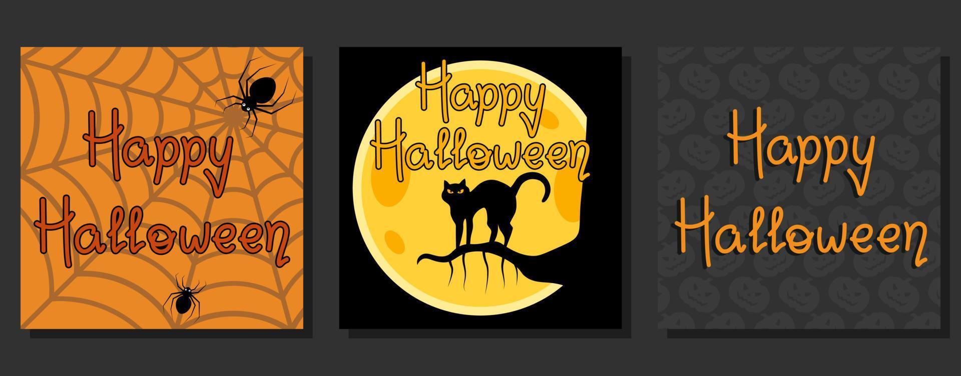 Set Of Happy Halloween Colorful Postcards Vector Illustration In Flat Style