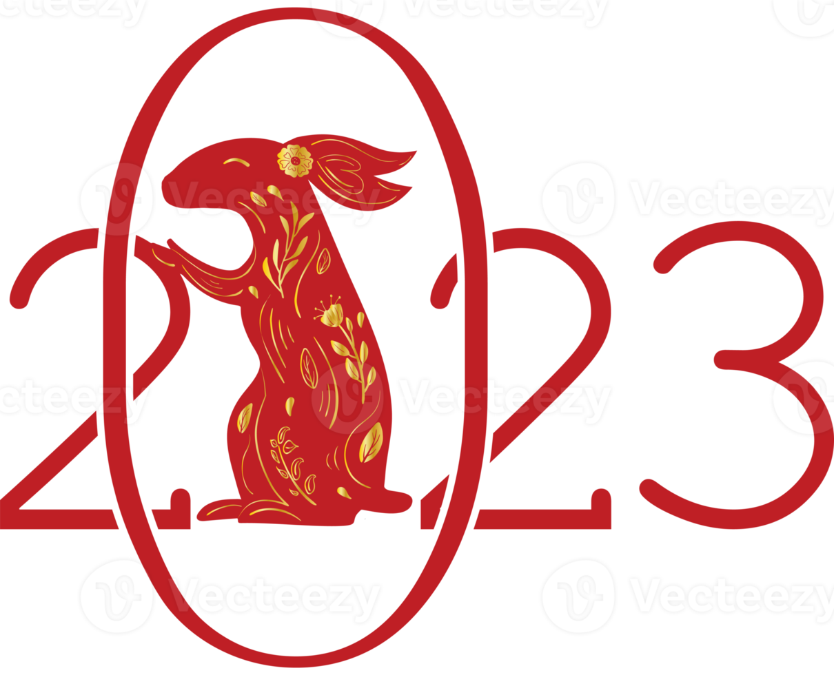 Chinese 2023 New Year Zodiac Red Rabbit with Gold Floral Ornament png