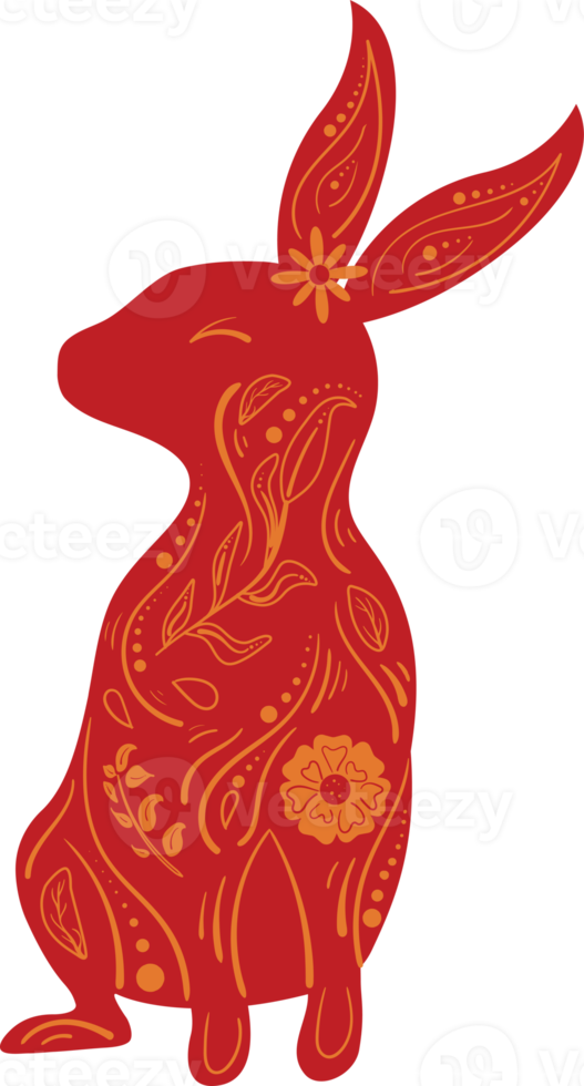 Chinese New Year Red Zodiac Rabbit with Orange Floral Ornament png