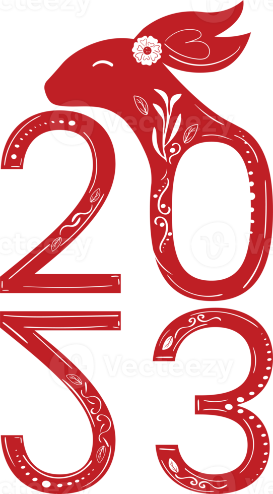 2023 New Year Bunny's Numeric with White Floral Ornament png