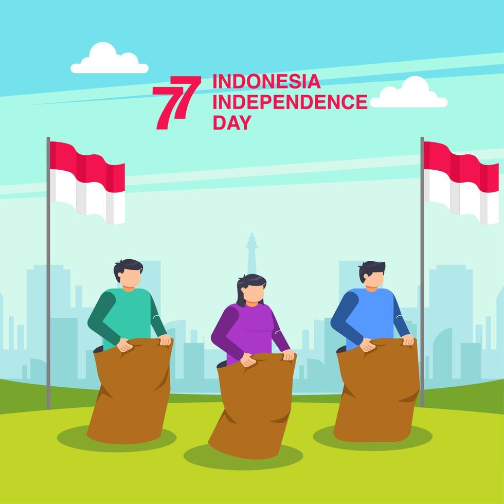 Indonesia traditional games during independence day, balap karung translate or sack race. celebration of freedom vector