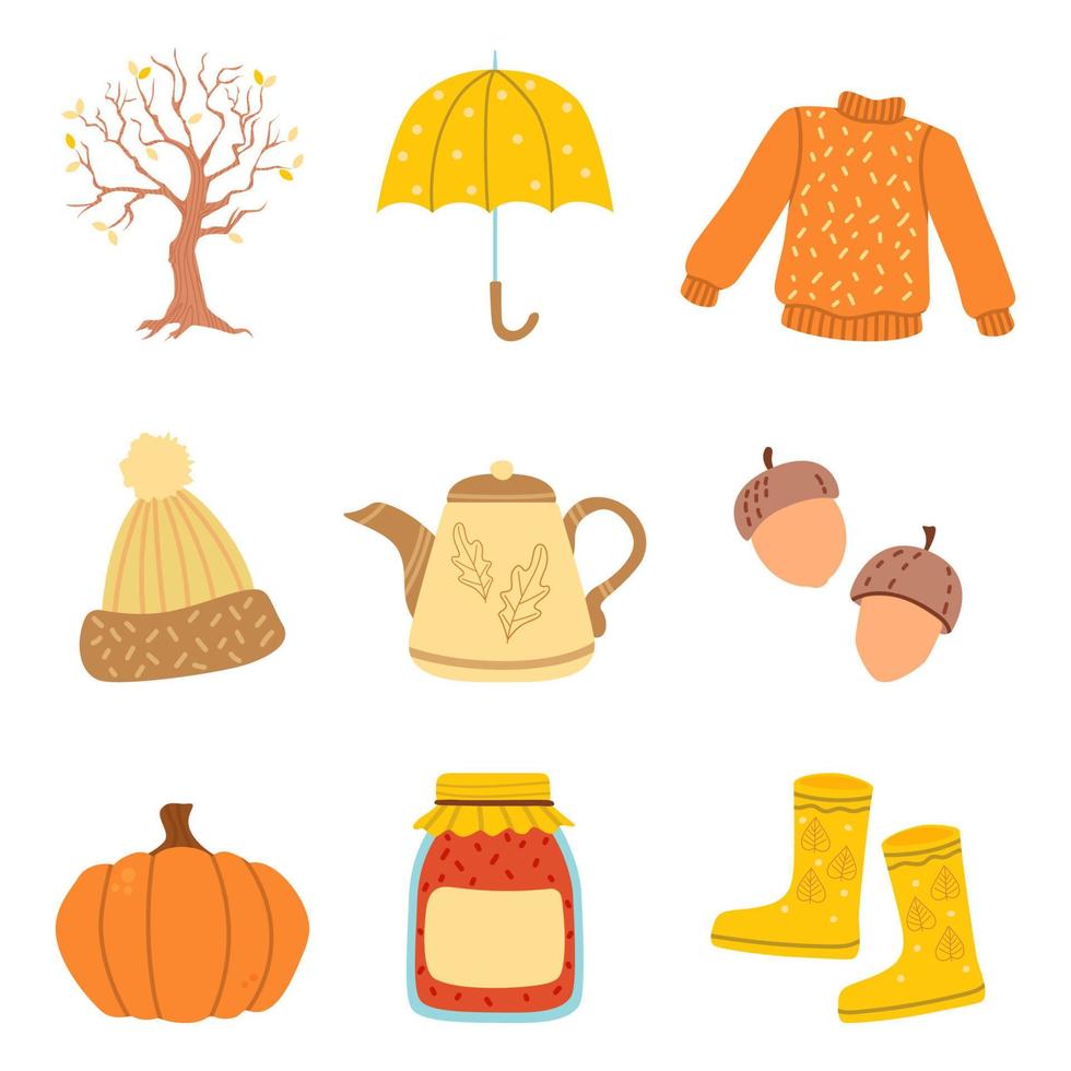 conjunto de otoño. colección de álbumes de recortes de elementos de la temporada de otoño. ilustraciones vectoriales aisladas sobre fondo blanco. vector