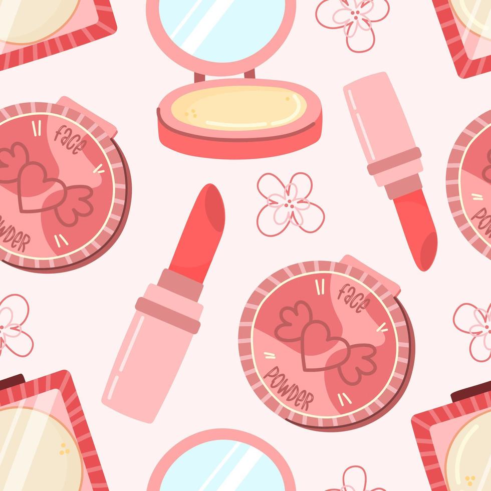 cosméticos de maquillaje en estilo de dibujos animados. elementos dibujados a mano. patrón transparente de vector sobre fondo rosa.