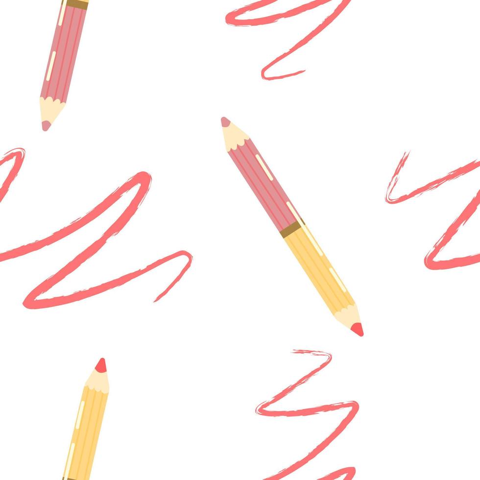 Cute pink lip pencil in cartoon style. Vector seamless pattern on white background.