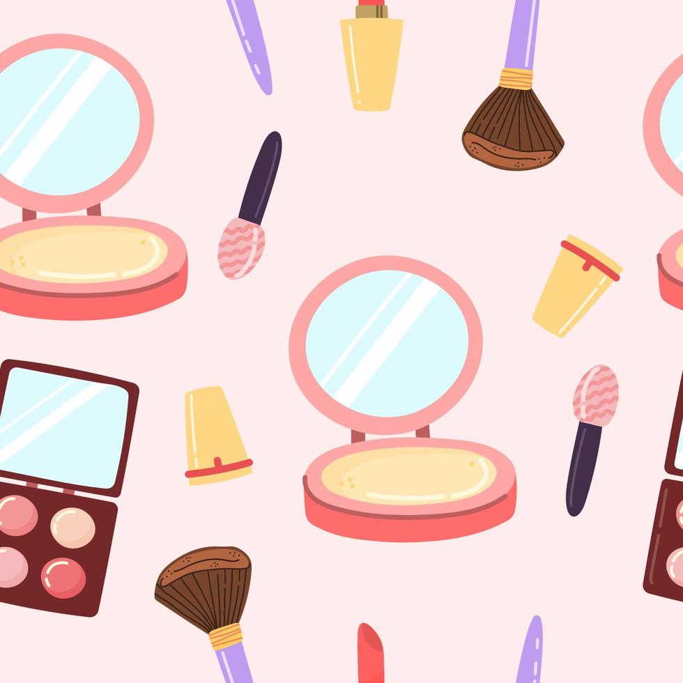 Makeup cosmetics in cartoon style. Hand drawn elements. Vector seamless pattern on pink background.