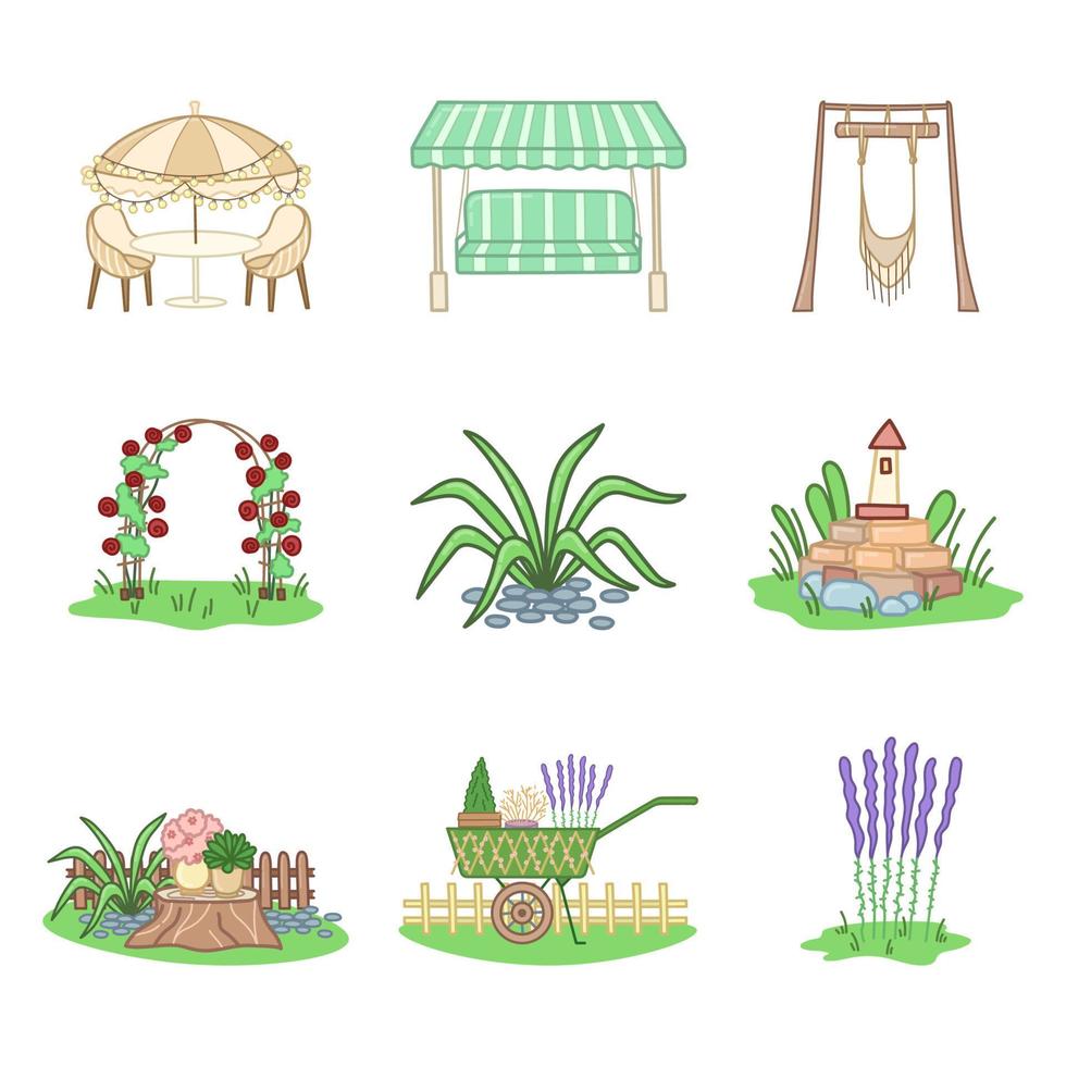 conjunto de muebles de jardín al aire libre, enrejado de arco, plantas, cosas y objetos relajantes en el patio trasero en estilo de dibujos animados. ilustración vectorial aislado sobre fondo blanco. vector