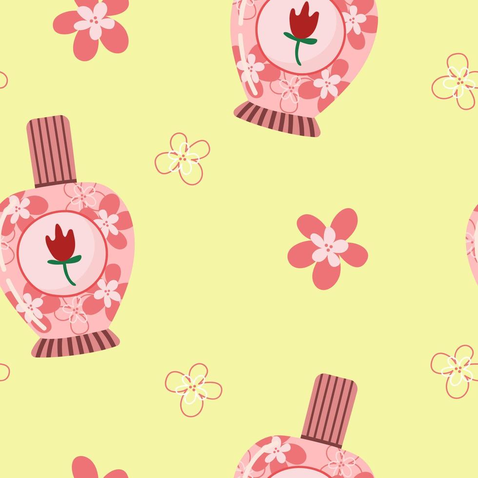 Cute pink perfume in cartoon style. Vector seamless pattern on yellow background.