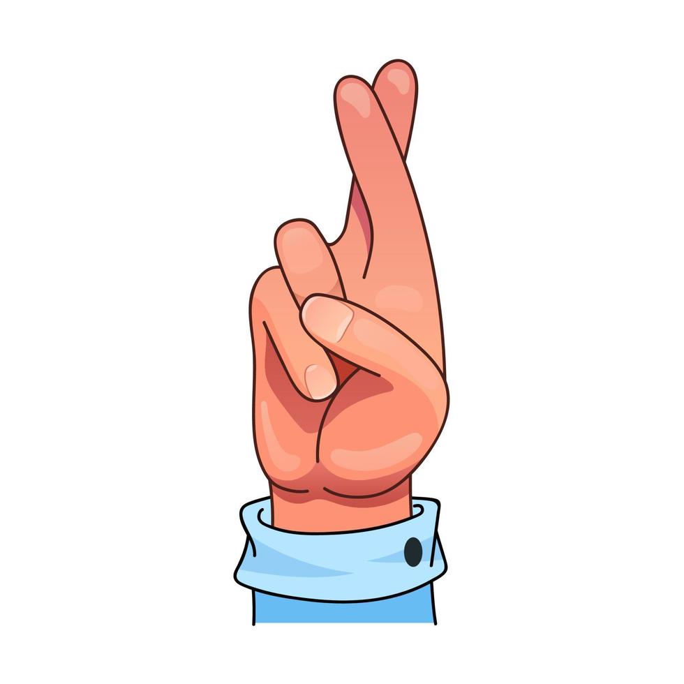 Cross your fingers or fingers crossed hand gesture in cartoon style. Vector illustration isolated on white background.