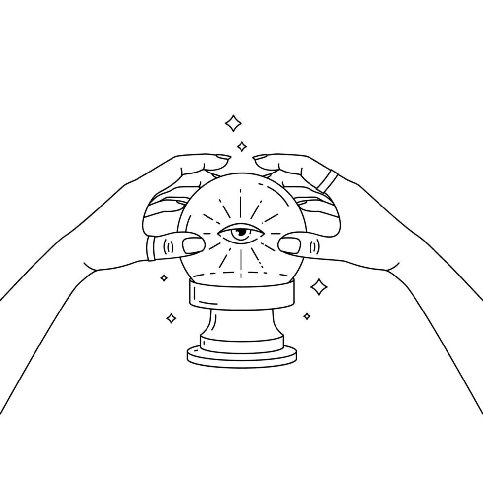 bola de cristal de línea mágica con ojo de providencia en manos de adivino. vector