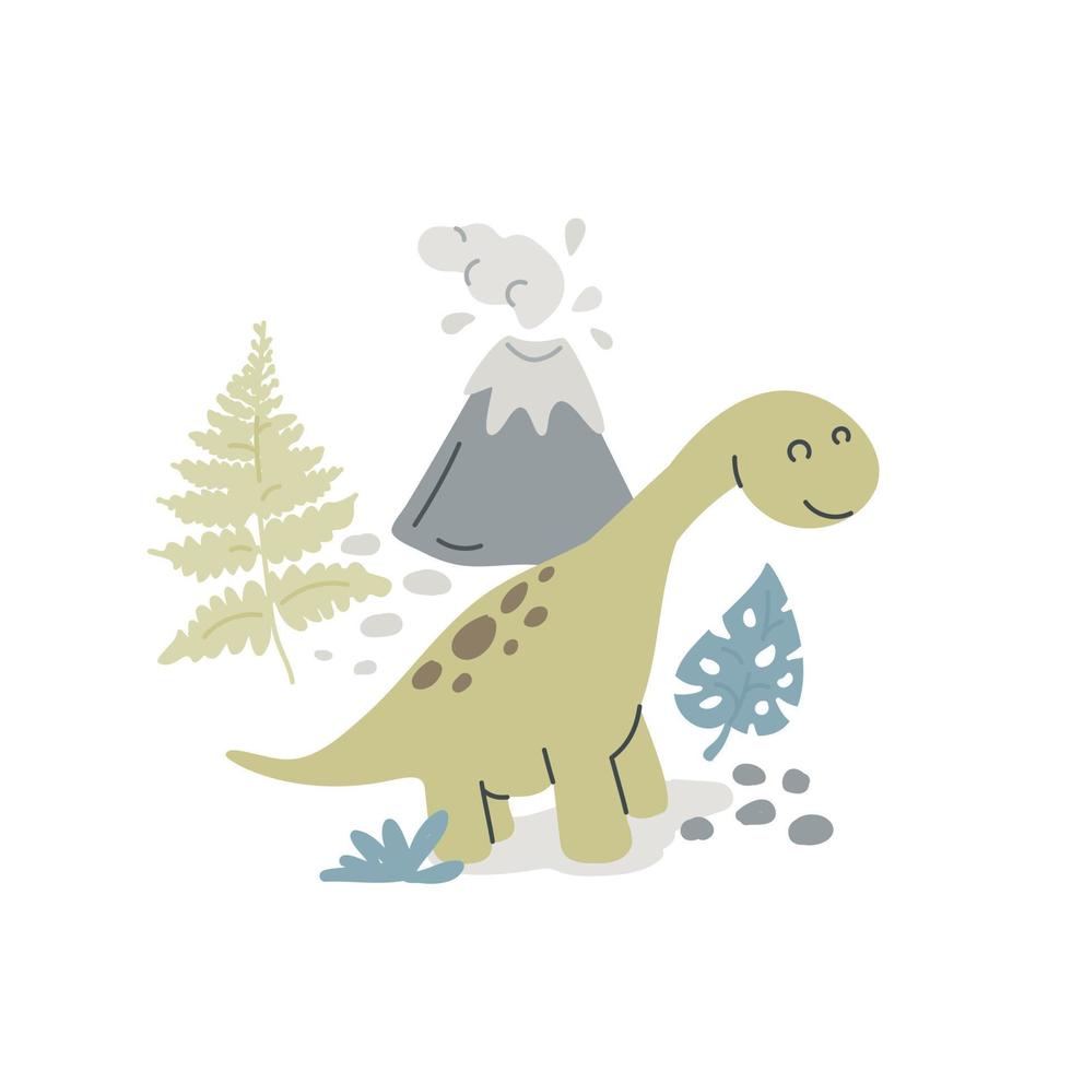 Cute poster with the composition of little dinosaur, volcano, leafs vector print