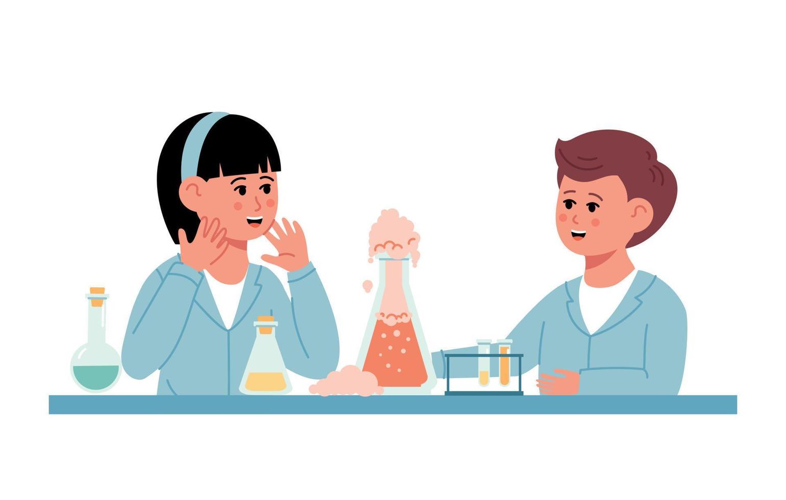 Little Students Doing Chemical Experiment. Chemistry laboratory. Little boy and girl scientist in classroom vector