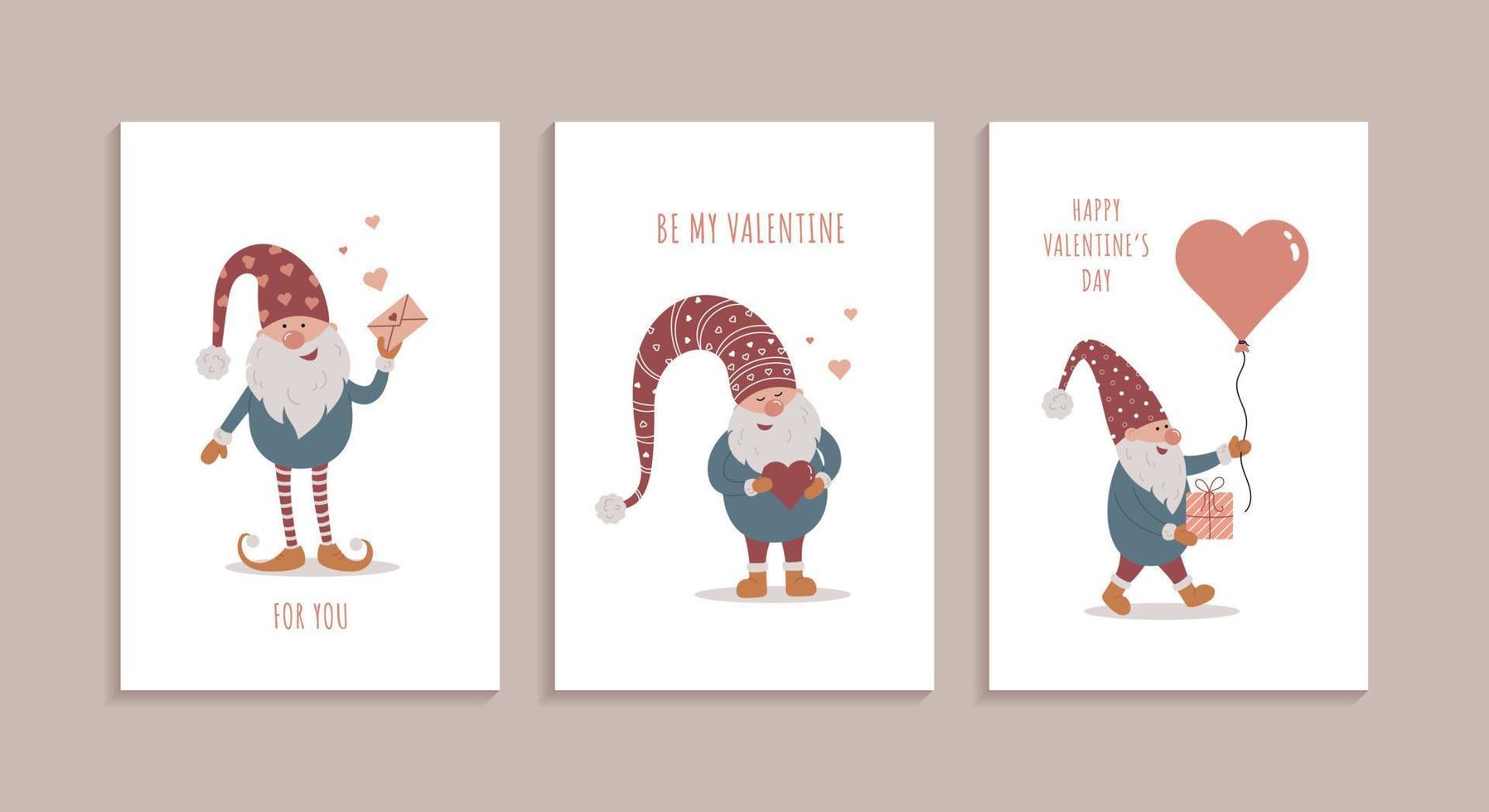 conjunto de tres tarjetas de felicitación para el día de san valentín con lindos gnomos. vector