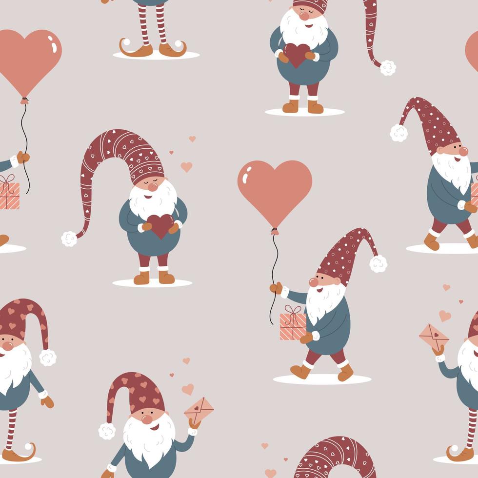 Seamless cute pattern with scandinavian gnomes. Happy Valentines day. Love. vector