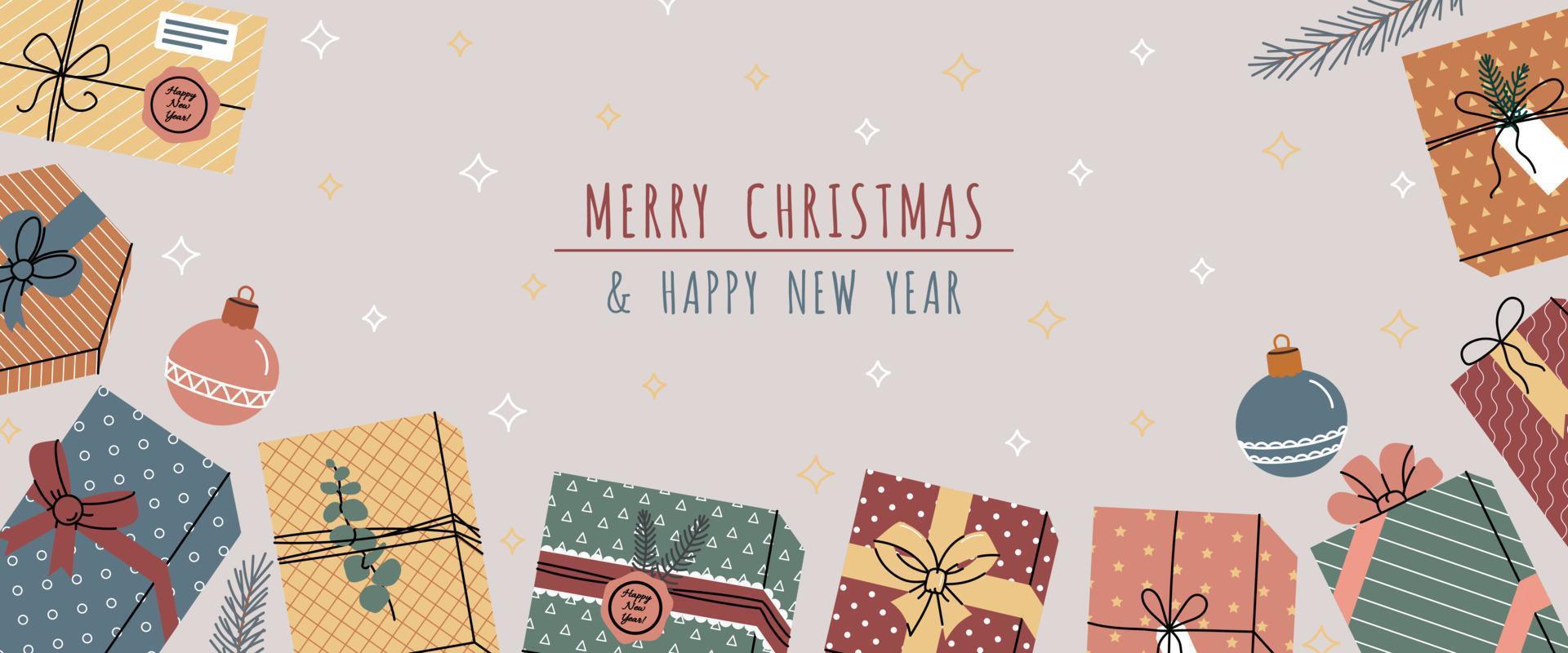 banner escandinavo de navidad con regalos. banner de navidad con cajas de regalo, bola de navidad, pino verde, estrellas vector