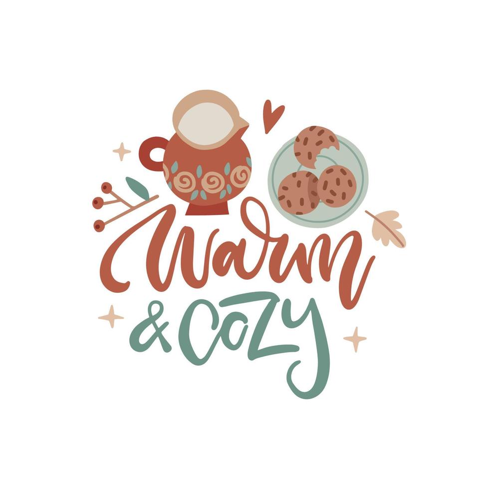 Warm and cozy - lettering concept. Milk jug with milk and cookies on plate. Hygge Breakfast sweet and nutritious meal. Hand drawn vector flat cartoon illustration.