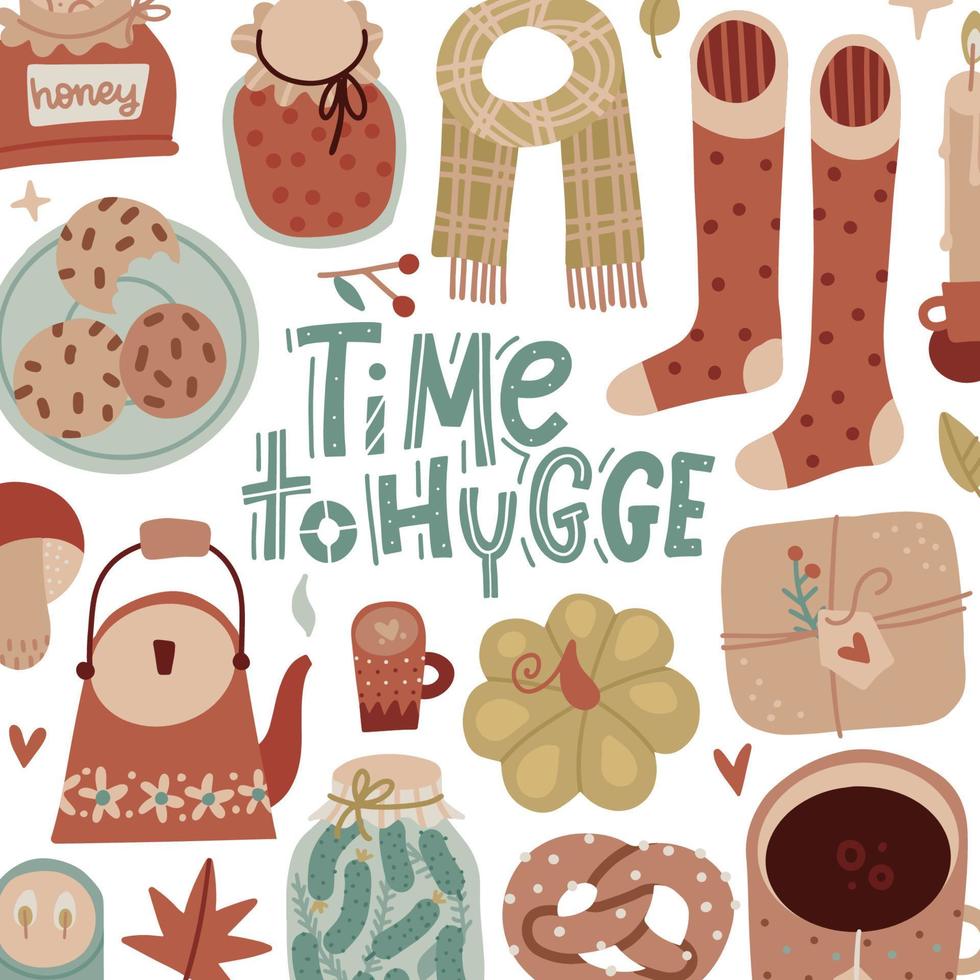Cozy greeting card template with cozy home things like candles, socks, tea and cookies. Letteringquote - Time to Hygge - Danish living concept. Flat hygge vector illustration.