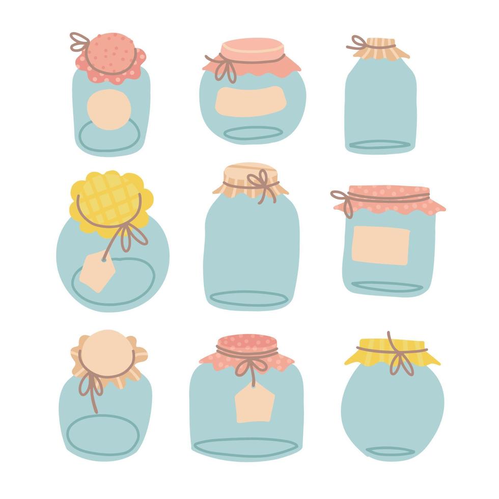 Set of empty glass jars for canning and preserving isolated on white background. Collection of glass different sizes jars with lids in hygge hand drawn style. Flat hand drawn Vector illustration.