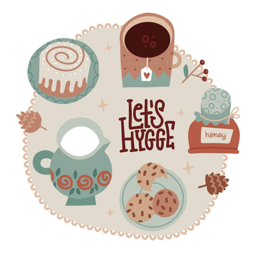 fiesta de té con un bollo, galletas, miel y leche en un concepto aislado de jarra de leche. invierno de colores suaves vamos a abrazar la ilustración. tarjeta, afiche, impresión, diseño de pegatinas. colección de álbumes de recortes. vector plano