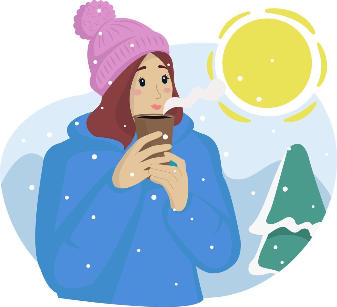 The girl drinks hot coffee or tea. The sun is shining and it's snowing. Vector illustration.