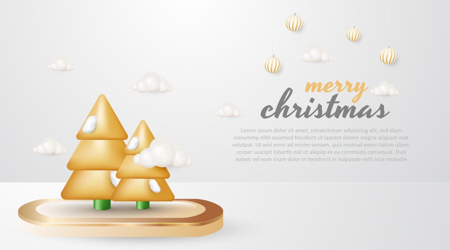 Luxury christmas card with podium and christmas tree decoration gold ball ornament on white background vector