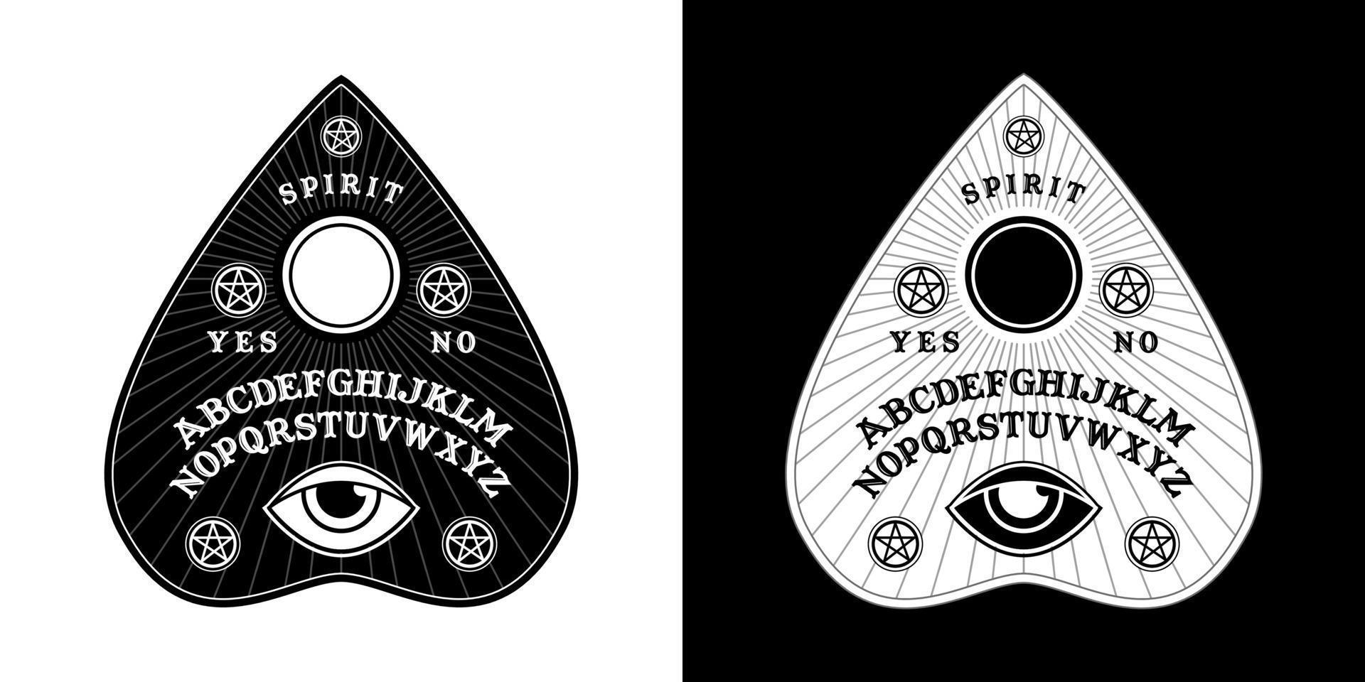 Ouija Board in Pointer shape for halloween party. Planchette play for  calling souls and demons. Ghosts and demons calling game wth gothic  typography. Black and white symbols of moon ,sun, texts. 12895582