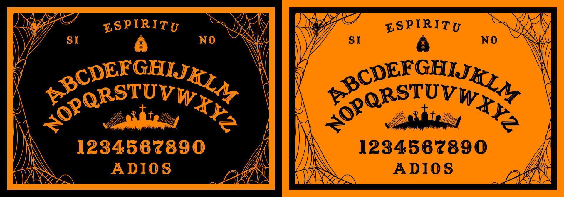 Halloween Ouija Board on wooden texture. Planchette play with calling souls and demons. Party poster. Graphic, caligraphy, typography, alphabet, letters, numbers and web. Cementery skyline. vector