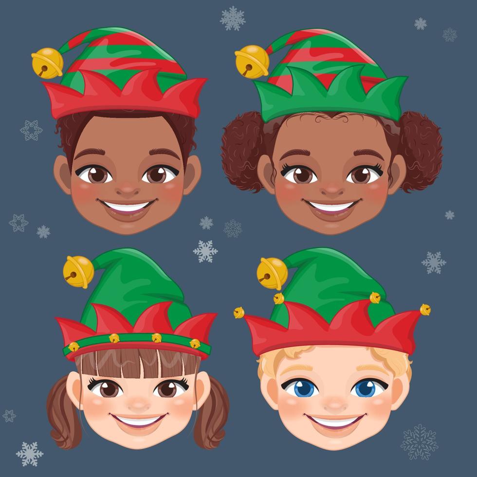 Set of Christmas characters heads with black and white skin kids in elf costumes, cartoon characters for design vector