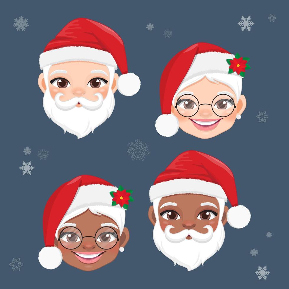 Set of Christmas characters heads with black and white skin Santa Claus, Mrs. Claus, cartoon characters for design vector