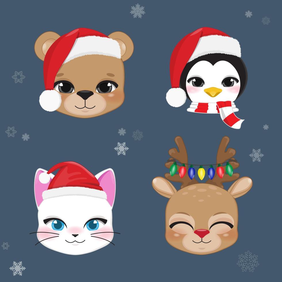 Set of Christmas characters heads with cute animal faces in Santa hats. New Year and Christmas cartoon characters for design vector