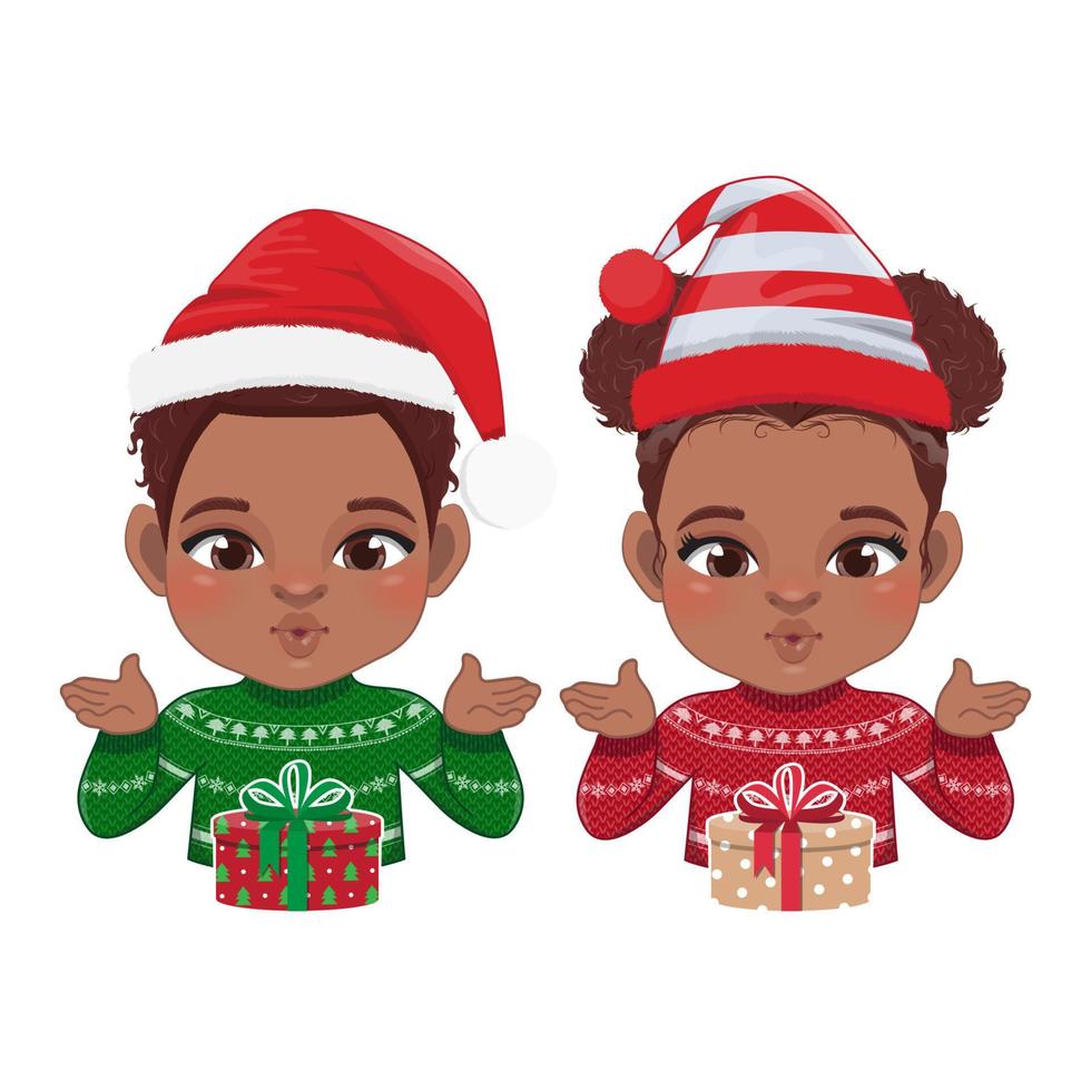 Merry Christmas cartoon design with Excite black boy and girl wear a colorful sweater and gift boxe on white background vector