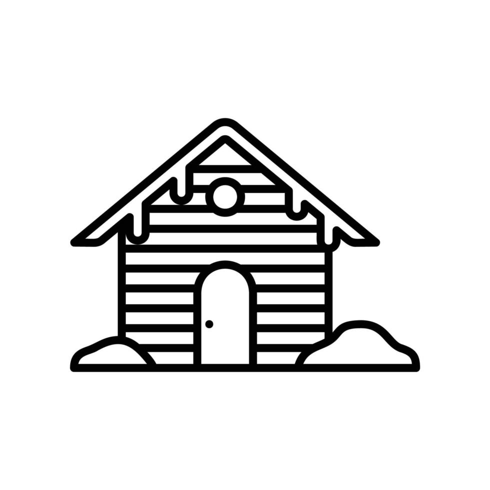 Wood cabin in the snow icon in black outline style vector