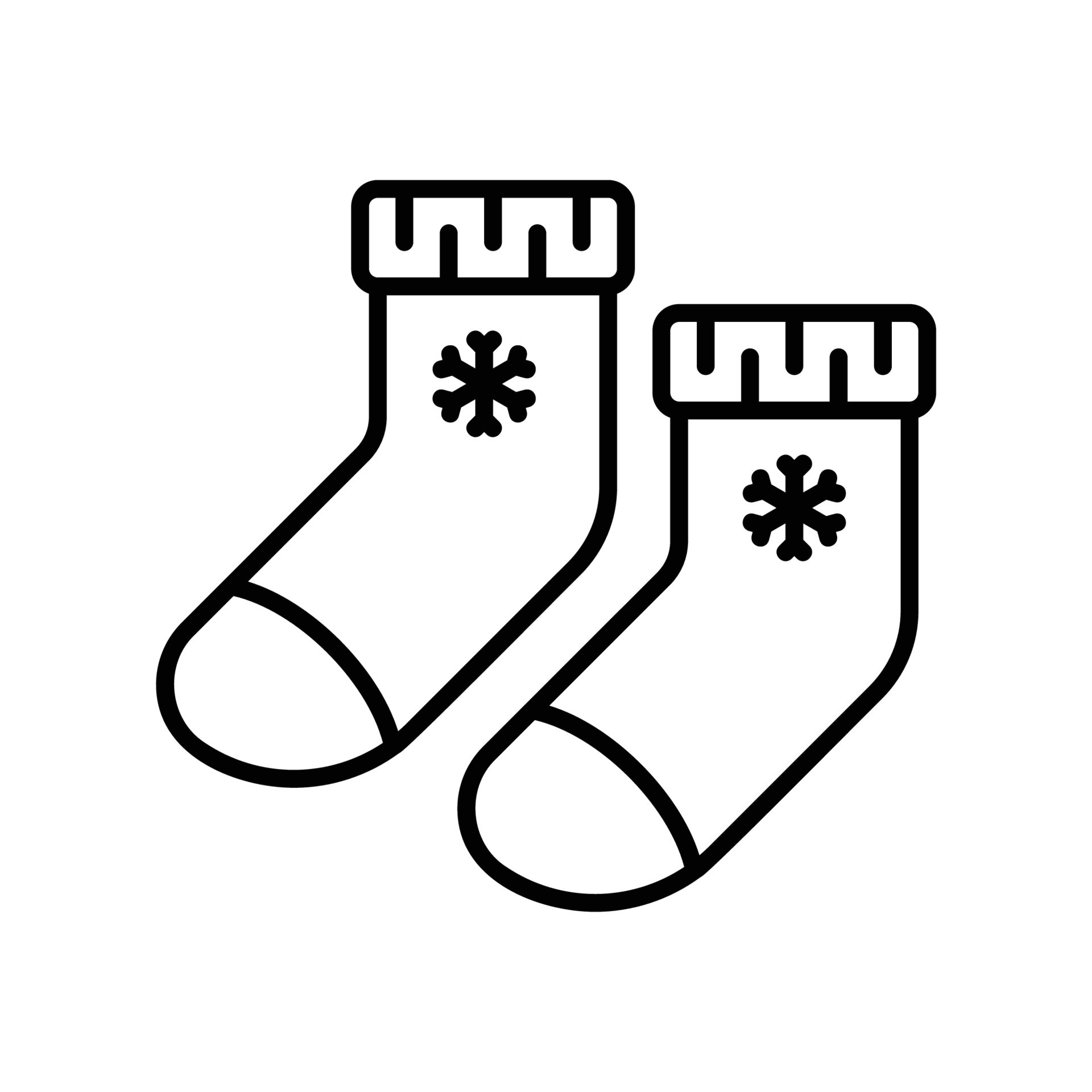 Socks icon with snowflake for winter in black outline style 12895633