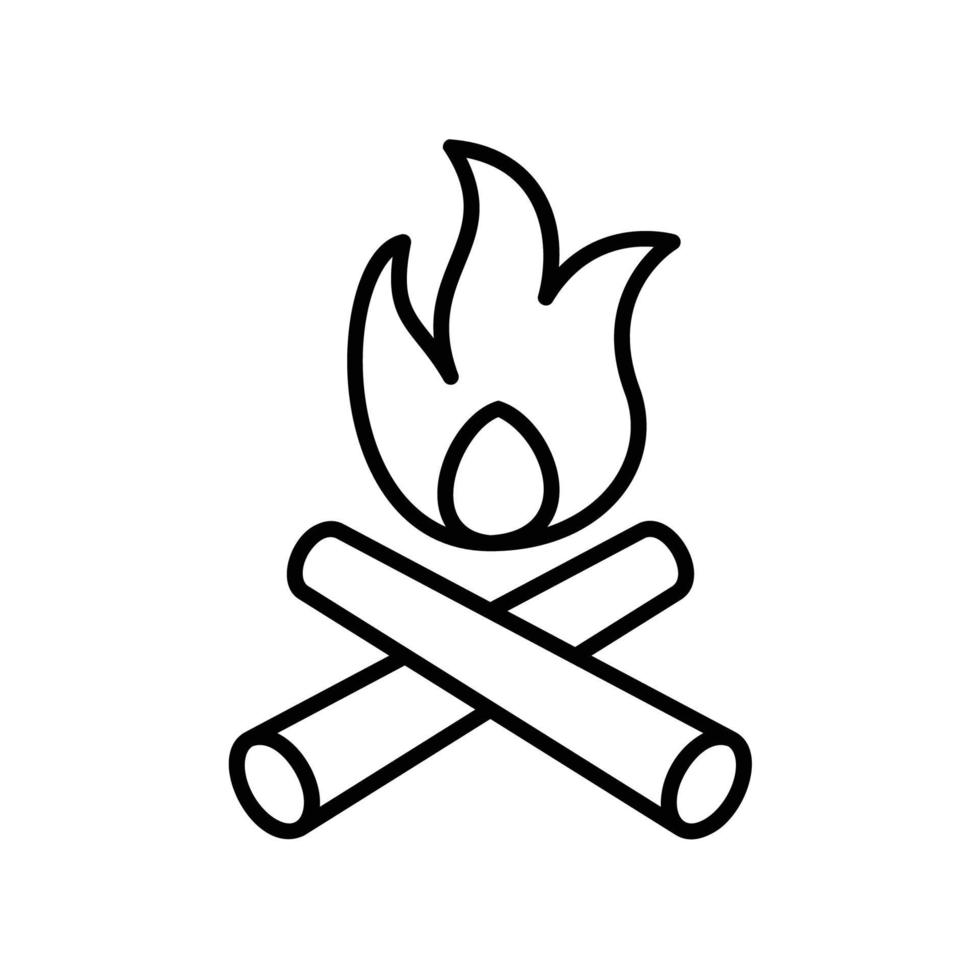 Bonfire icon with logs and fire flame in black outline style vector
