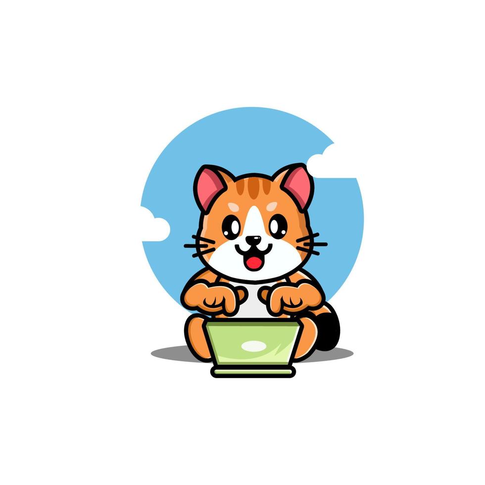 Cute cat operating laptop cartoon illustration vector