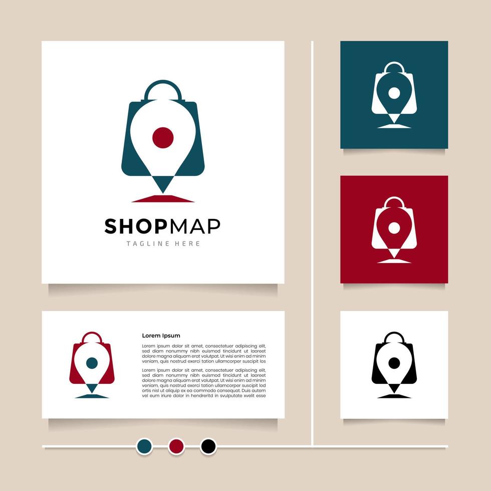 Creative idea Shop Map logo design. Blue red icon and symbol design vector with Combination of paper bag and map pin