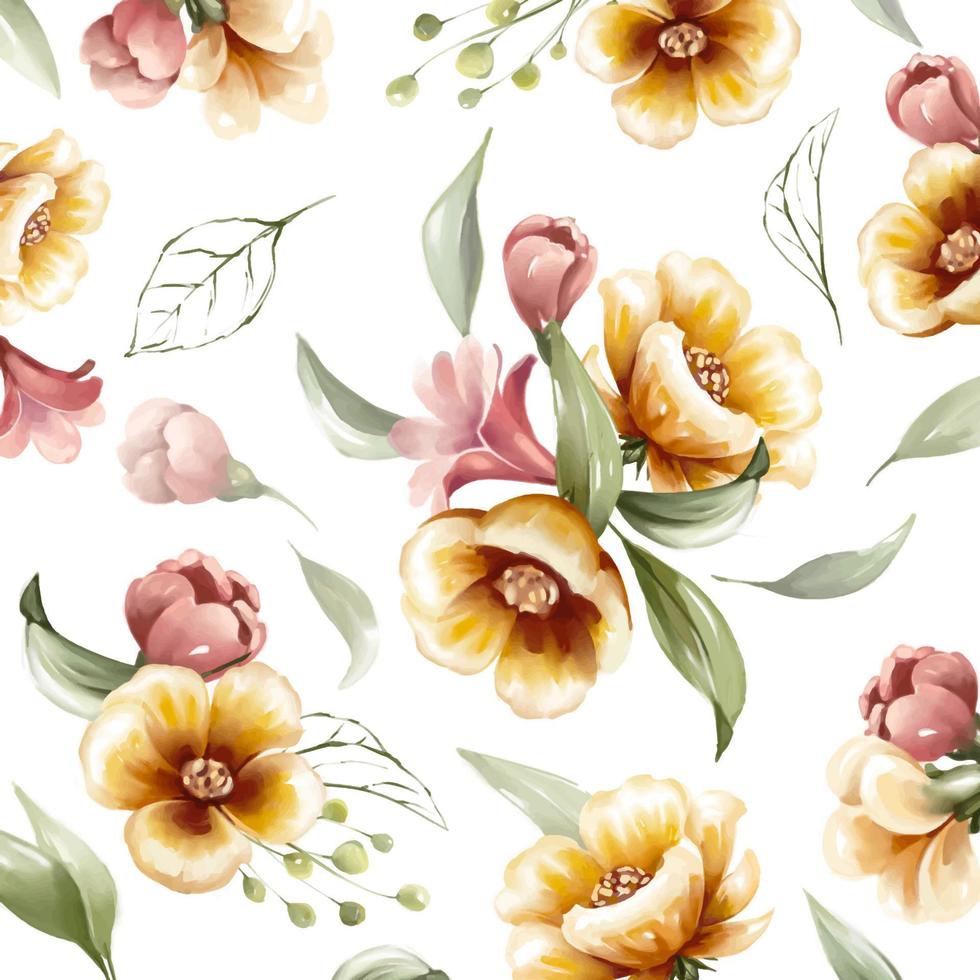 Hand drawn floral pattern of red and yellow flower in watercolor vector