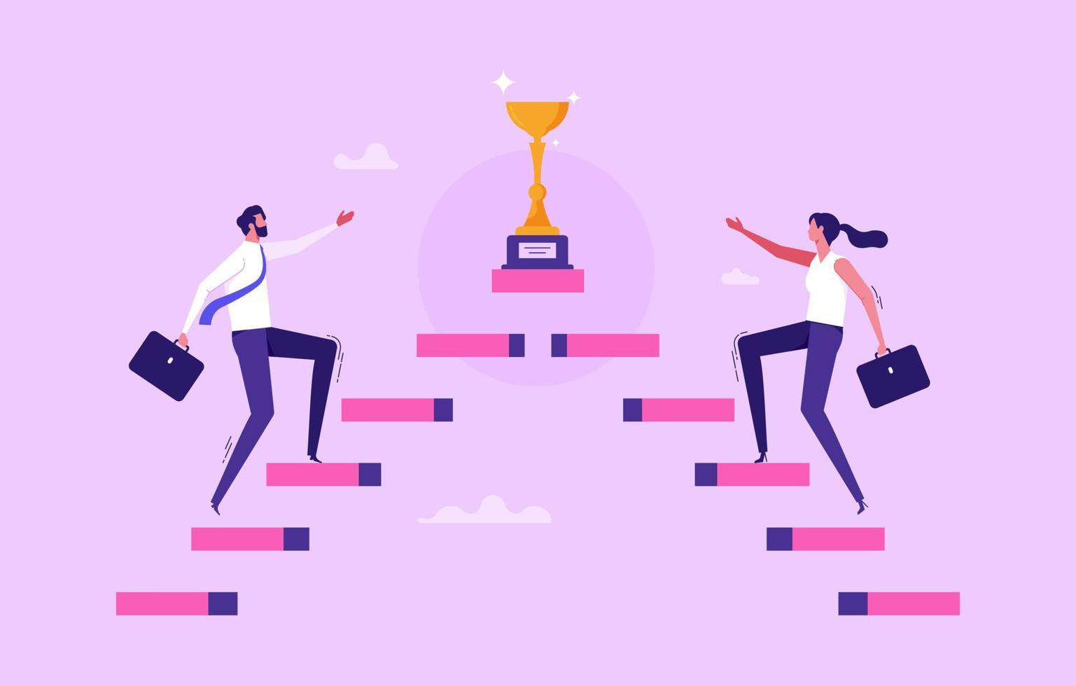 Business competition, employee motivation to success, rivalry or conflict, challenge to achieve target concept, businessman and businesswoman walk up stair compete to win trophy vector