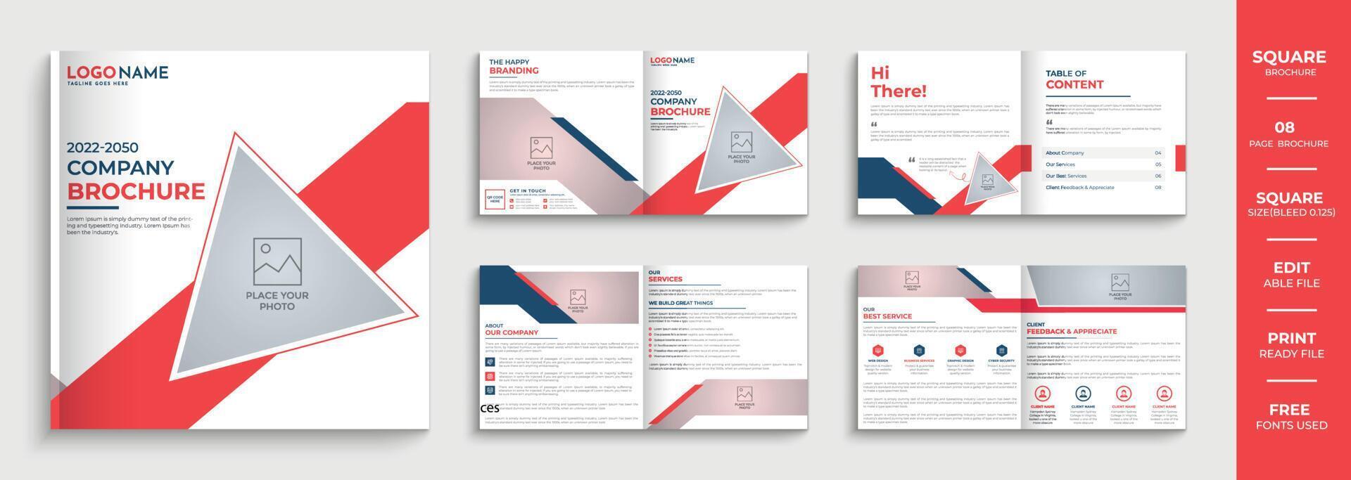 Modern square 8-page company profile brochure template, multipurpose business brochure design vector