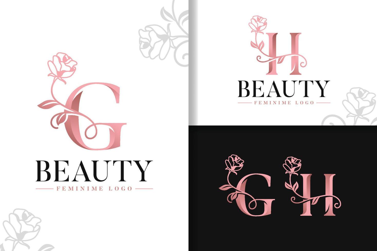 Feminine monogram rose gold logo letter g and h with flowers vector