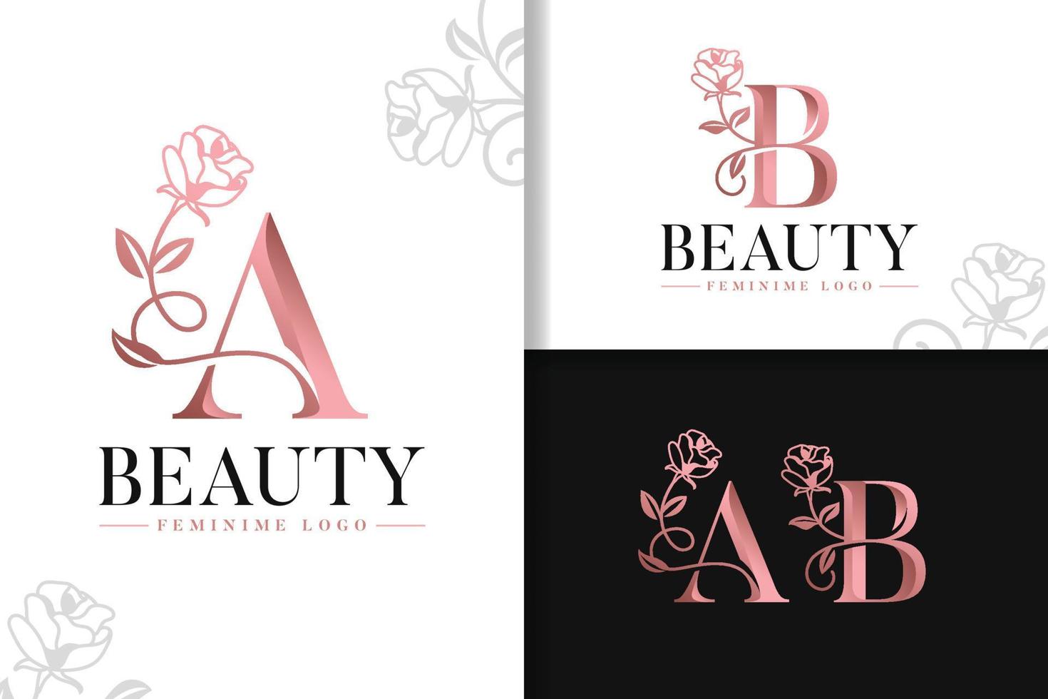 Feminine monogram rose gold logo letter a and b with flowers vector