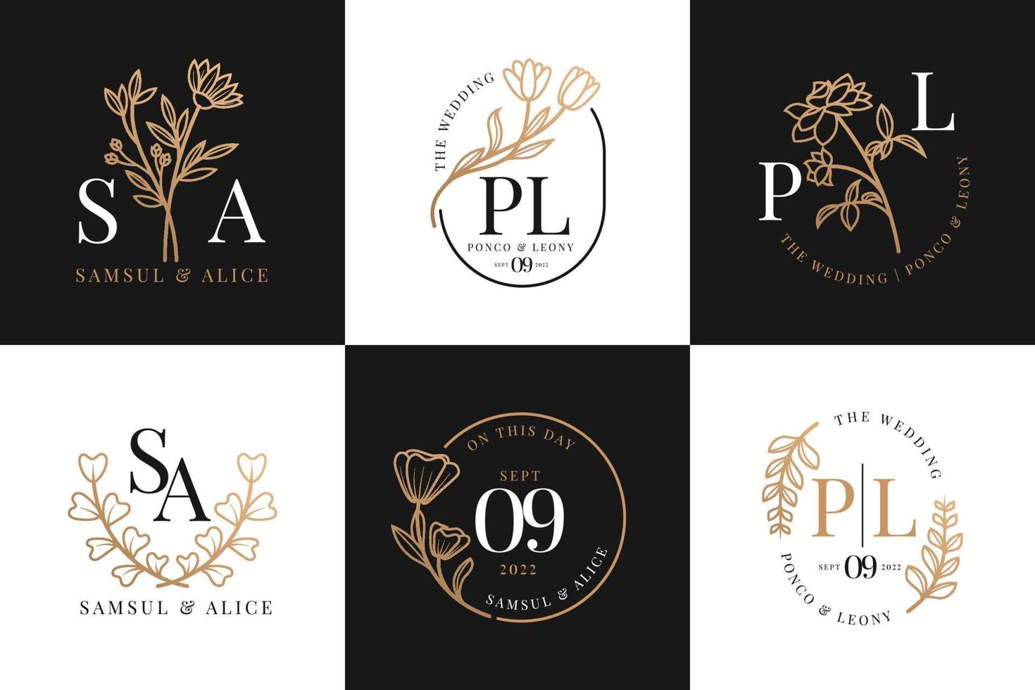 Set of monogram wedding logo templates with flowers vector