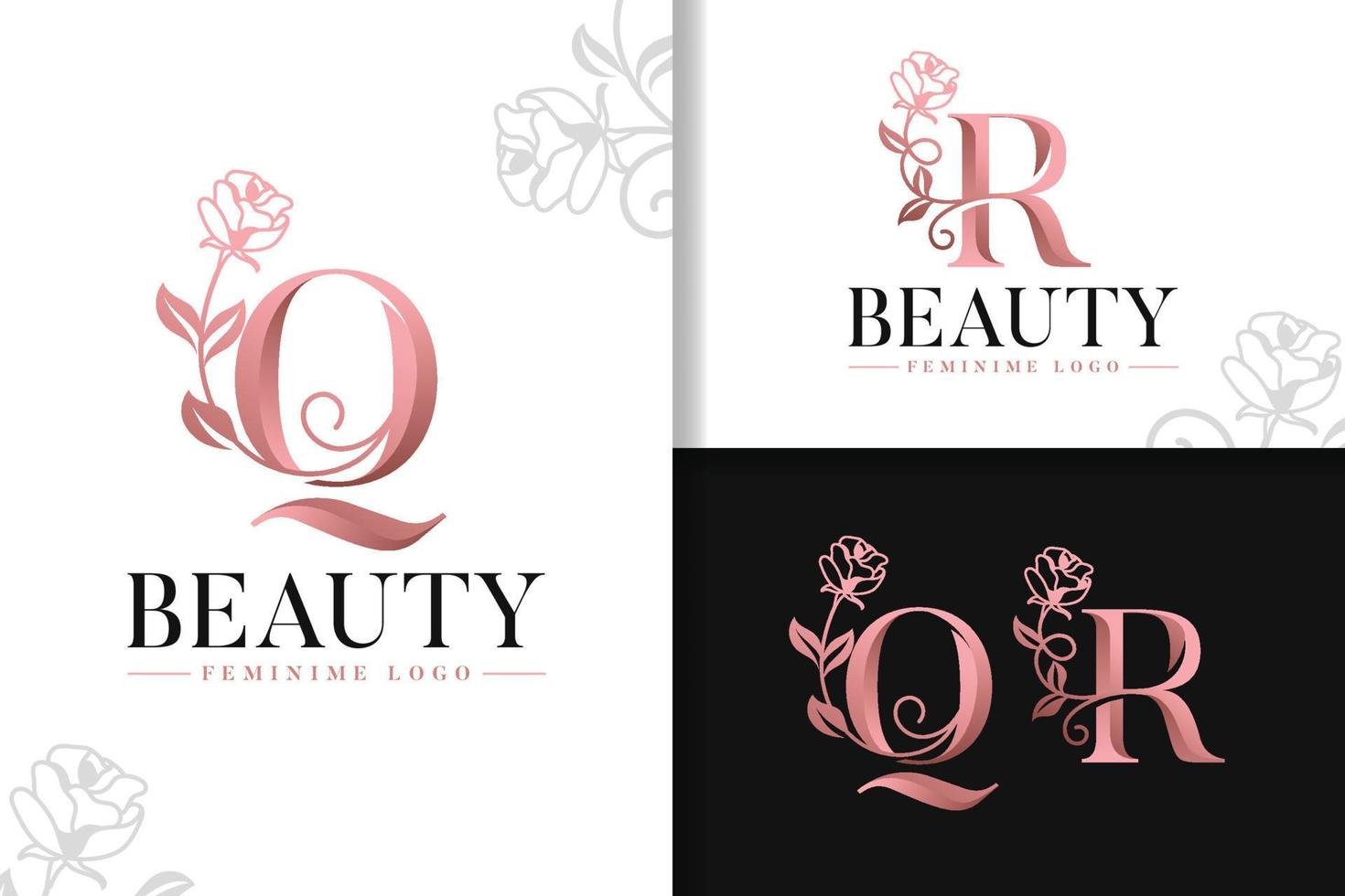 Feminine monogram rose gold logo letter q and r with flowers vector